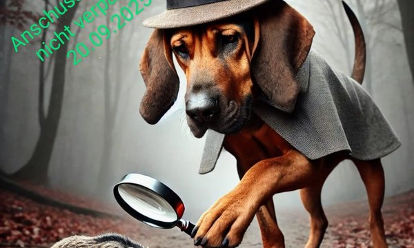 Ein Hund im Detektivkostüm betrachtet ein Wildschwein durch eine Lupe in einem nebligen Wald. Text: "Anschluss-Seminar nicht verpassen 20.09.2025. Es sind noch wenige Plätze frei sei dabei."